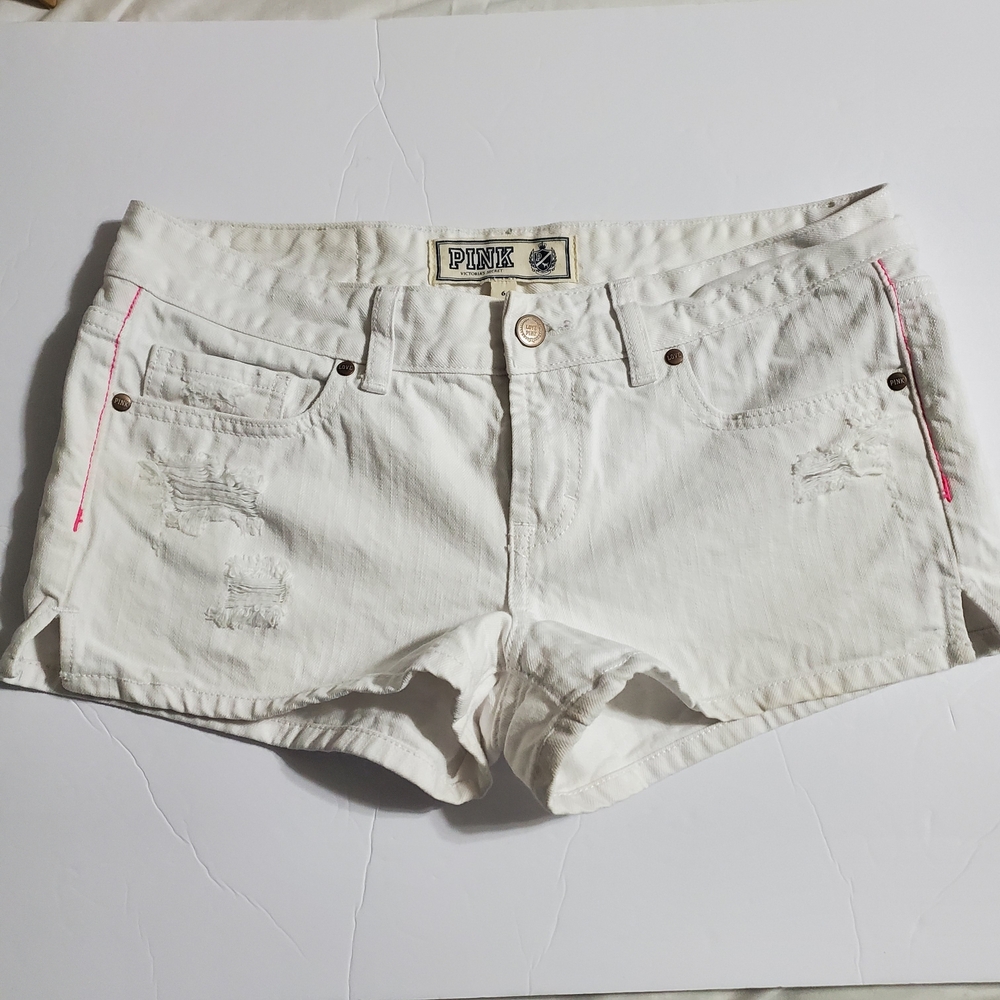 PINK Victoria's Secret White Jean Shorts with Pink Accents